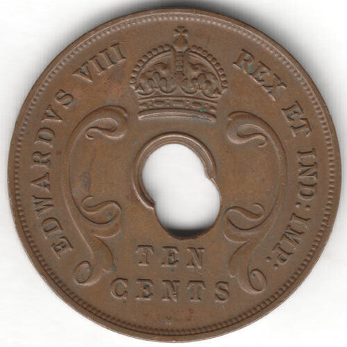 1936 East Africa 10 cents with double strike centre hole error - scarce