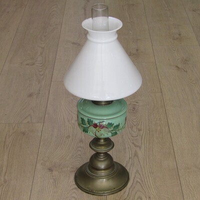 Antique Duplex brass lamp with green glass tank and white glass shade