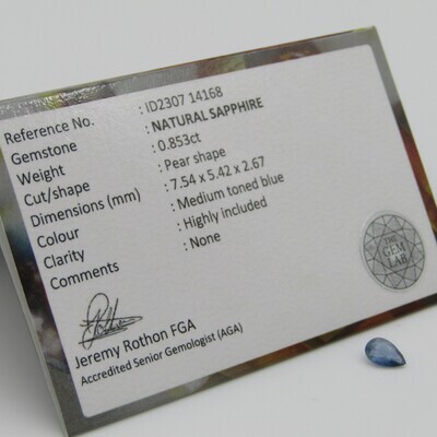 Natural Sapphire of 0,85 carat - pear shape - Medium toned blue with Gemlab certificate