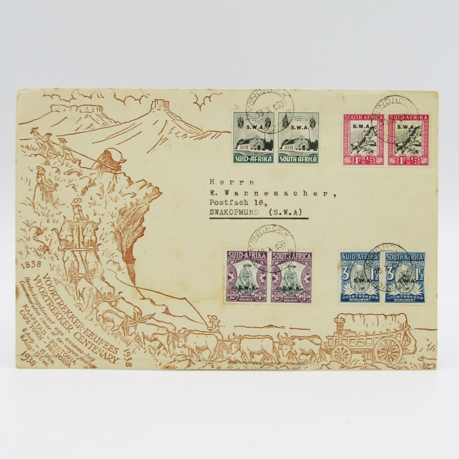 Voortrekker memorial fund set of South West Africa SWA overstamped pairs on Trek cover