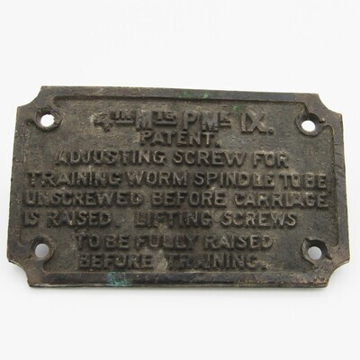 4IN MTG P Mk IX instruction metal plaque - possibly 4inch MK IX Naval gun plaque