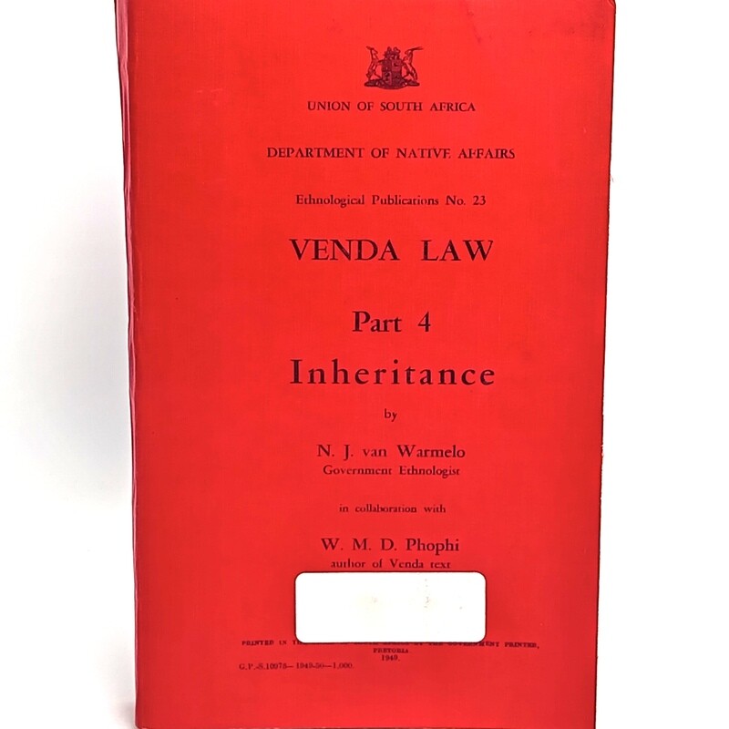 Union of South Africa Native Affairs Venda Law - Inheritance 1949 government booklet