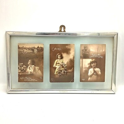 Lot of 3 x WW1 postcards in frame - 2 of them passed by censor