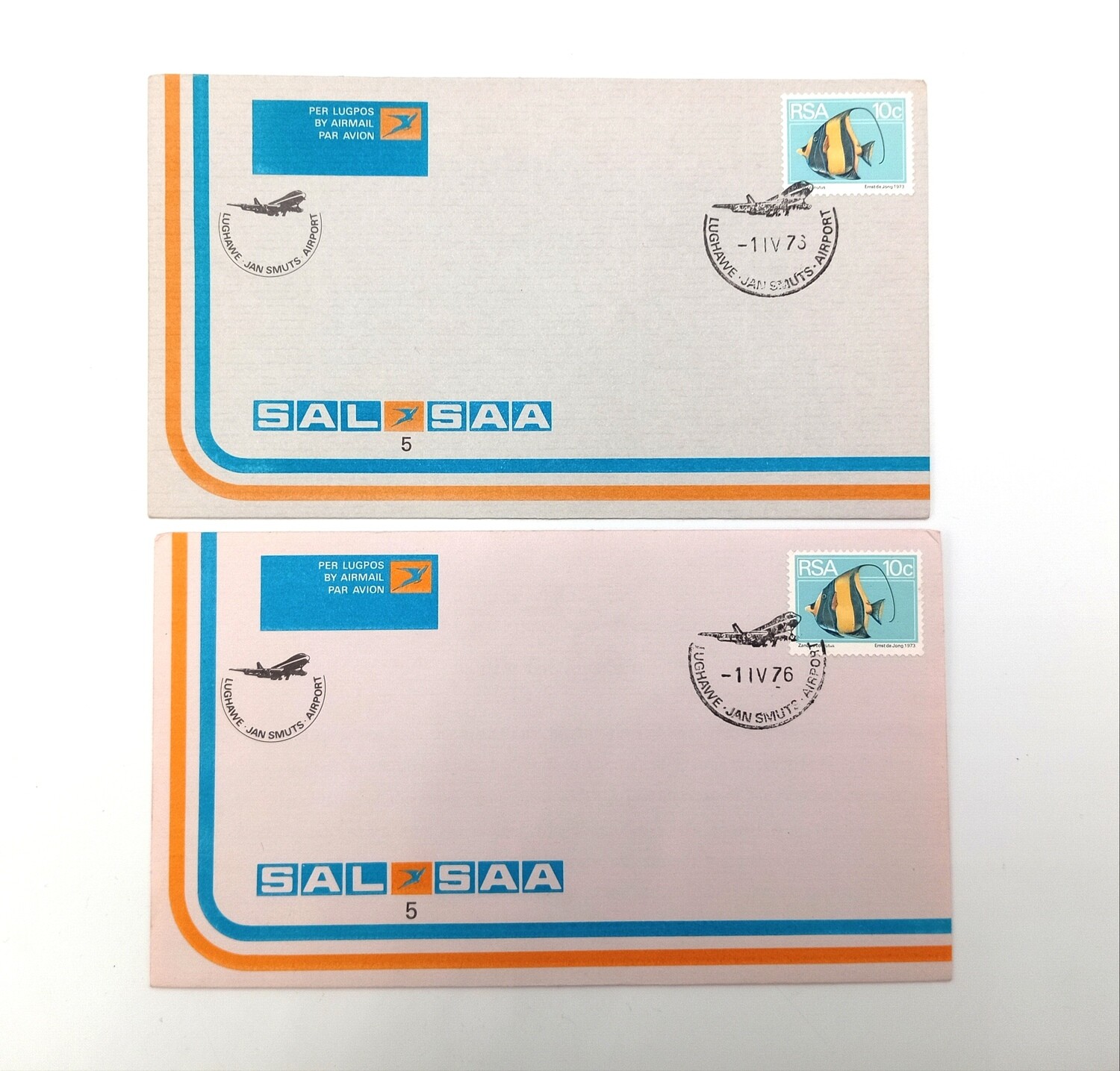 Pair of SAA flight covers no 5 - one on blue paper envelope and one on pink paper envelope