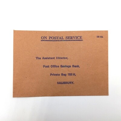 Return pre-addressed Post office savings bank Salisbury Rhodesia envelope