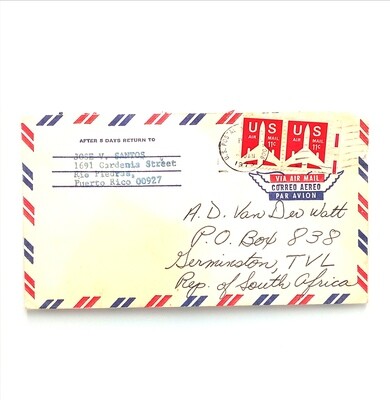 Airmail Letter sent from Puerto Rico to Germiston South Africa January 1973 with 2 US 11 cent stamps