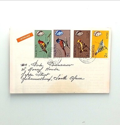 Abbott Laboratories Erythrocin leaflet posted in 1968 from Mauritius to Johannesburg, South Africa with 4 Mauritius Bird stamps