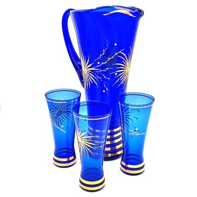 Vintage Venetian blue glass pitcher with 3 glasses