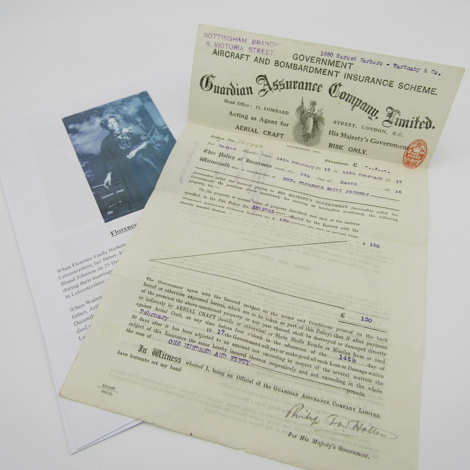 WW1 Government Aircraft Bombardment and insurance papers issued to Ms Florence Emily Johnson