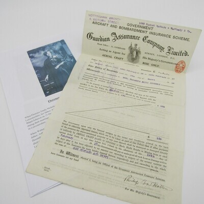 WW1 Government Aircraft Bombardment and insurance papers issued to Ms Florence Emily Johnson