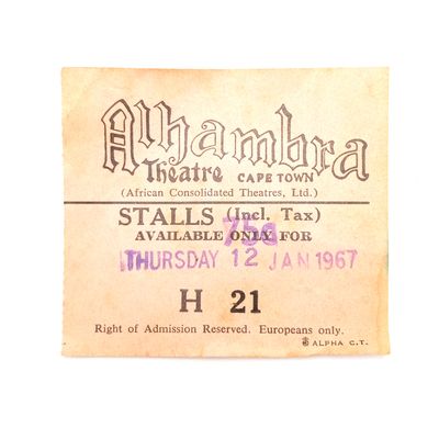 AIhambra Theatre Cape Town 1967 apartheid Europeans only ticket