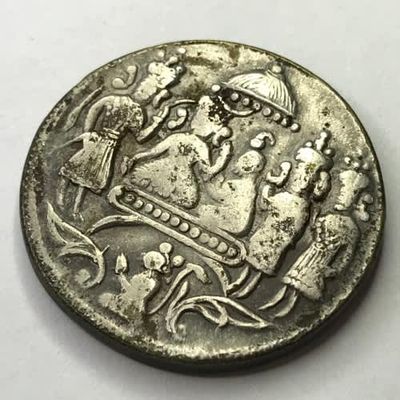 Indian Temple token ( Ramatanka ) obverse - Rama with trident beside Laksmana with bow