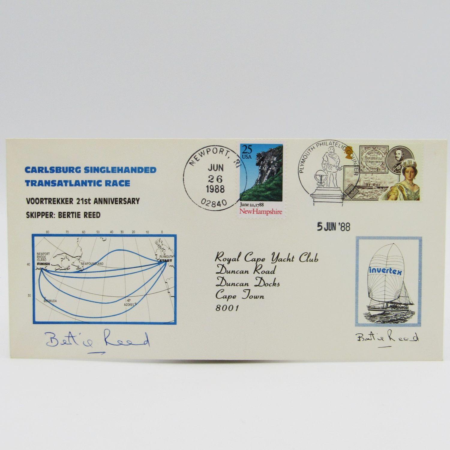 Carlsburg Singlehanded Transatlantic Race cover - &quot;voortrekker&quot; 21st Anniversary  June 1988 - Signed by the Skipper Bertie Reed