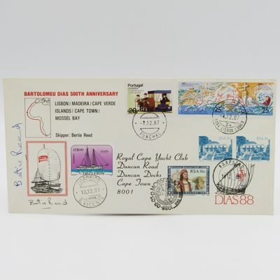 Dias 1988 Cover with Portuguese, Cape Verde and South Africa stamps - carried by Yacht for 500th Anniversary and signed by skipper Bertie Reed