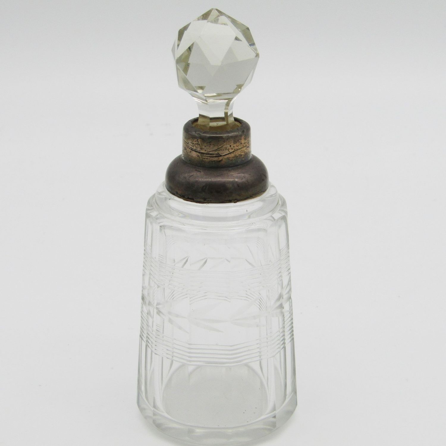 Antique dressing table mini crystal decanter with hallmarked sterling silver rim