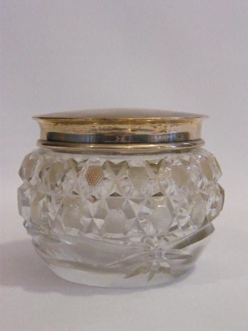 Large cut glass powder vessel with hallmarked silver lid