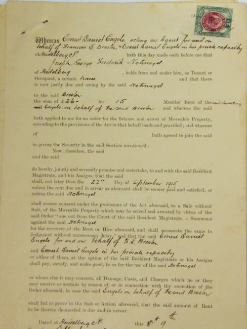 Order for seizure and arrest of moveable property Swellendam- 1915 - with Kings Head Union stamps