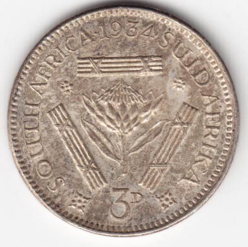 1934 SA Union Three Pence AU - Excellent Coin