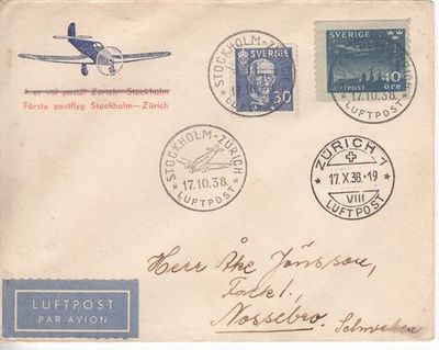 First flight cover - 17 Oct 1938 Stockholm Sweden to Zurich Switzerland with 2 Swedish stamps