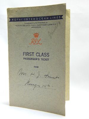 Royal Interocean Lines First Class passenger ticket of Mr HF Smuts on SS Ruys from Cape Town