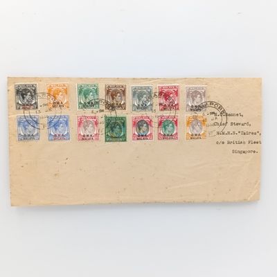 Postal cover from Singapore to the HMHS TAIREA - British fleet with 14 different Straits​ settlement stamps over stamped BMA Malaya