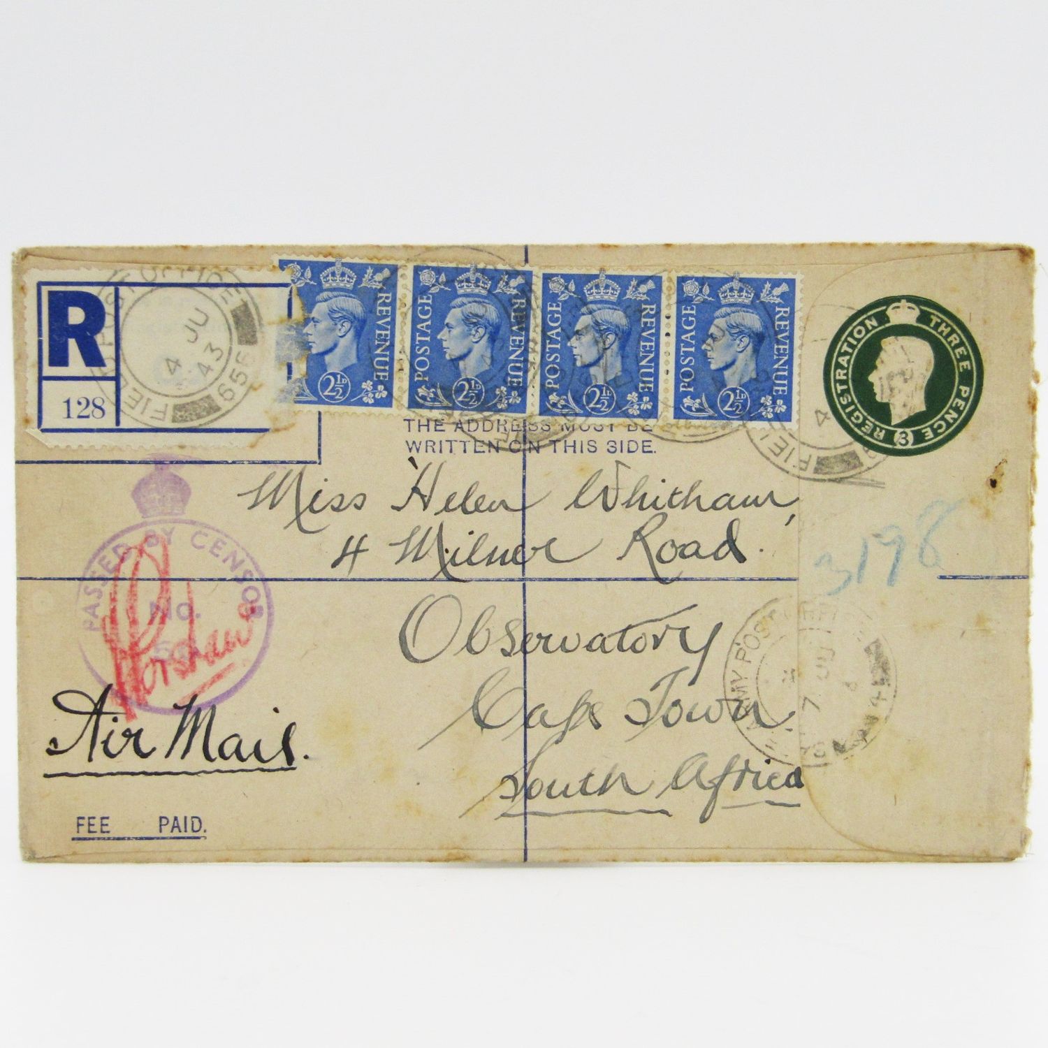 WW2 Field Post Office 655 letter to Cape Town, South Africa with pre printed 3 pence stamp uprated with 4 x 2 1/2 pence stamps - Airmail passed by Censor and registered