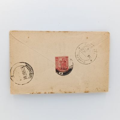 Cover from Seremban Melaya to India 9 Nov 1930 with 6 cent Malay stamp on the back - and 3 rubber stamps
