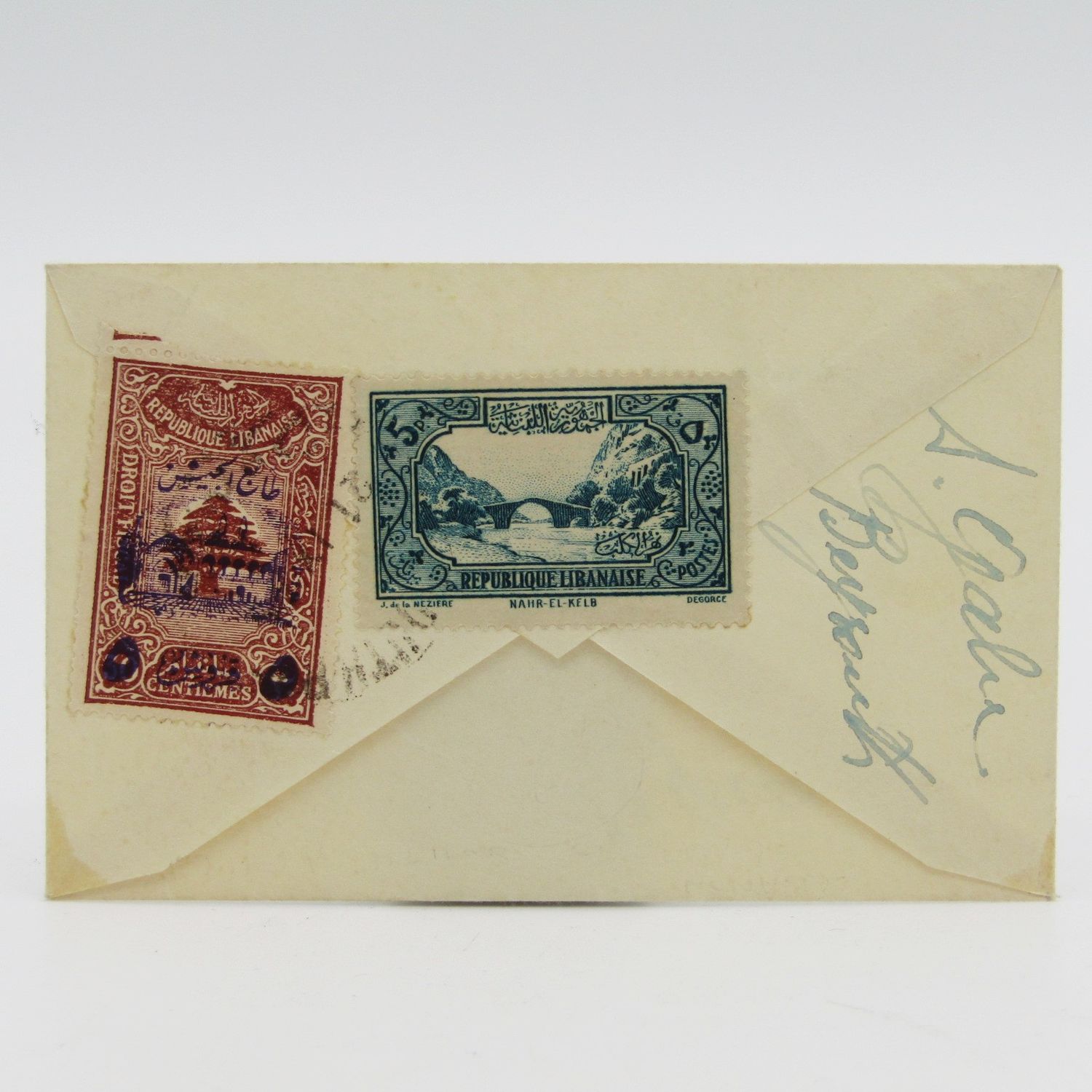 Small cover Lebanon to Cape Town with 2 cancelled Lebanese stamps on the back 1940