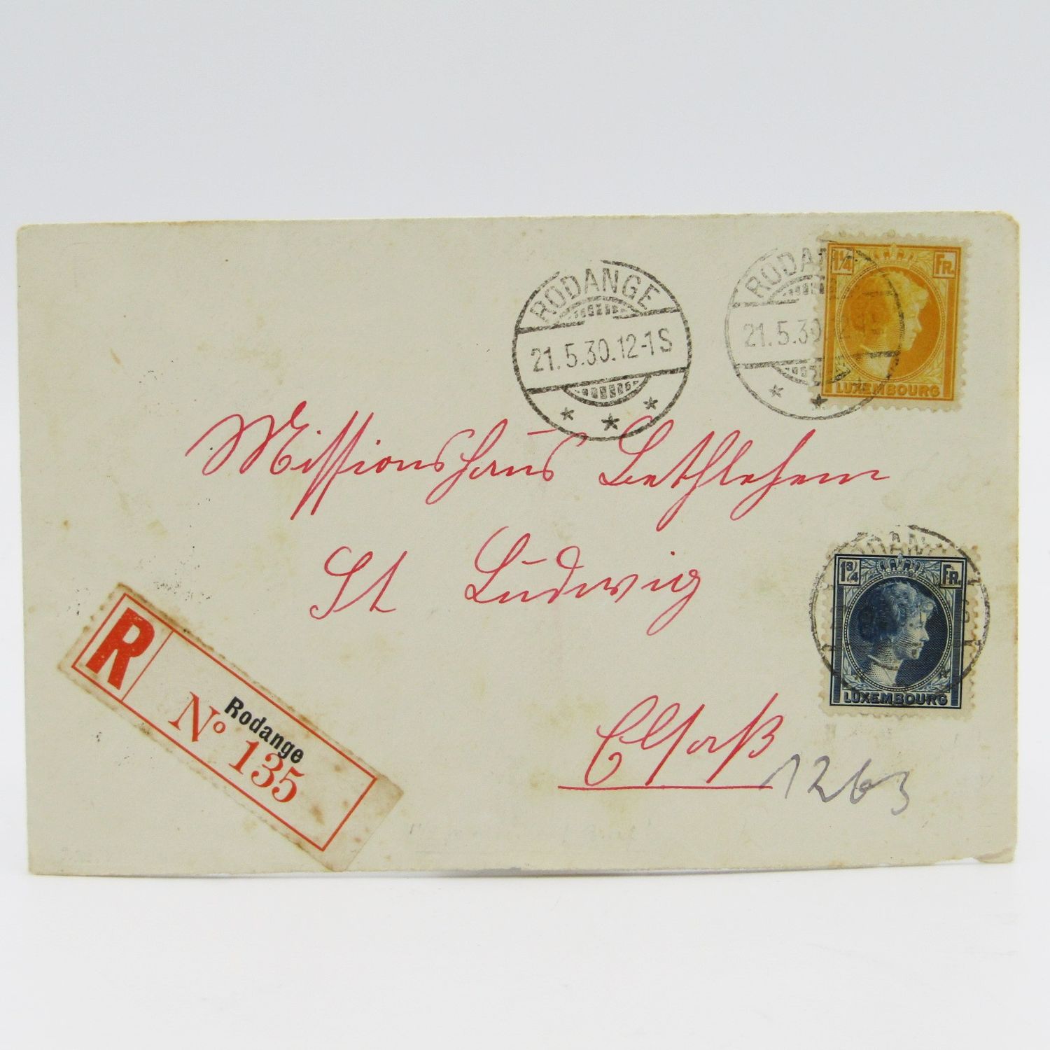 Cover posted in Rodange - registered to Saint Louis - Luxembourg to France posted 1930 with 2 Luxembourg stamps