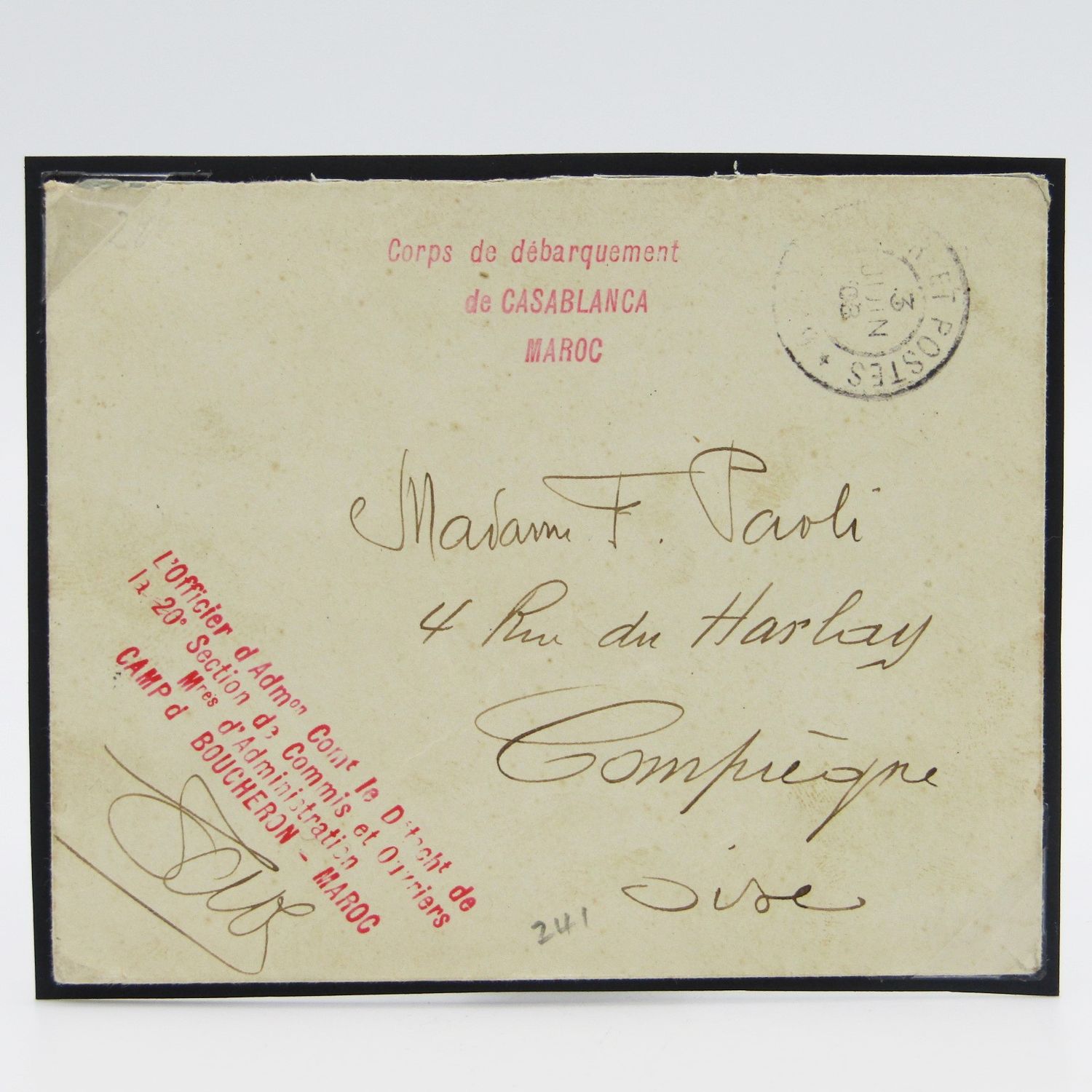 1908 Morocco Soldier&#39;s letter to Compiegne with 2 front rubber stamps