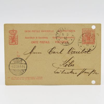 1892 Postcard with pre printed 10 cent Luxembourg stamp sent to Koln - 2 punch holes