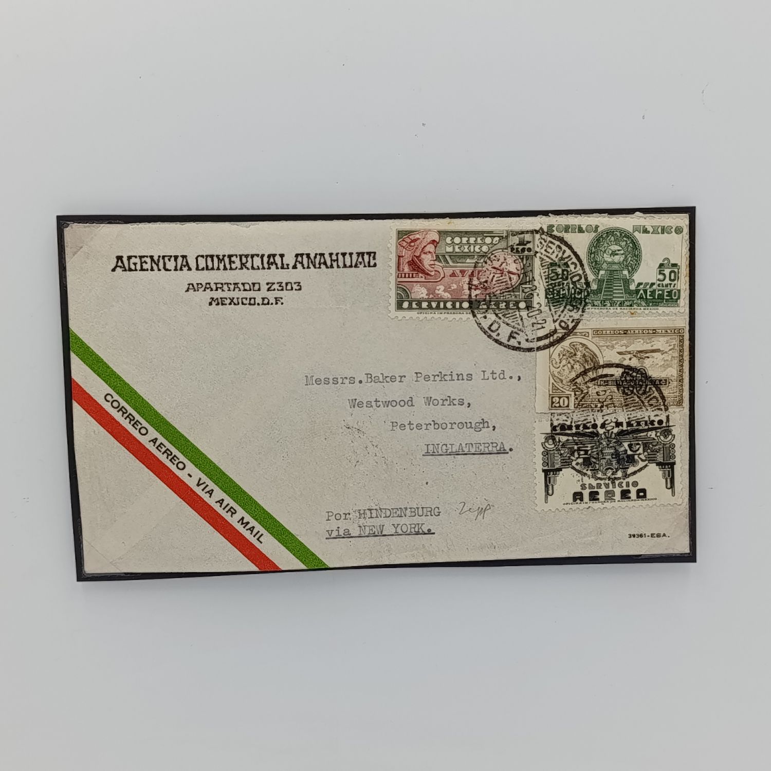 Flight cover flown from Mexico to England (Inglaterra) via New York on the Hindenburg in 1936  - The Hindenburg in 1937 - arrival in Friedrichshafen