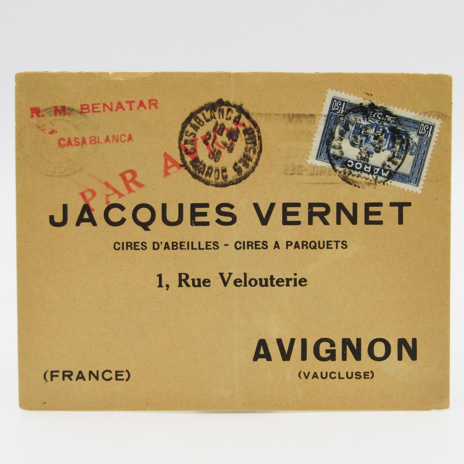 Reply envelope from Casablanca Morocco to Avignon France - Airmail with single Morocco stamp cancelled 1930