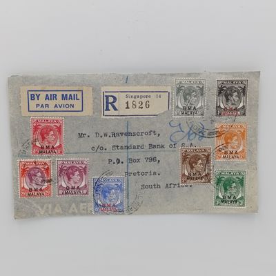 Registered Singapore cover Malaya to Pretoria with 9 different BMA Malaya overstamped