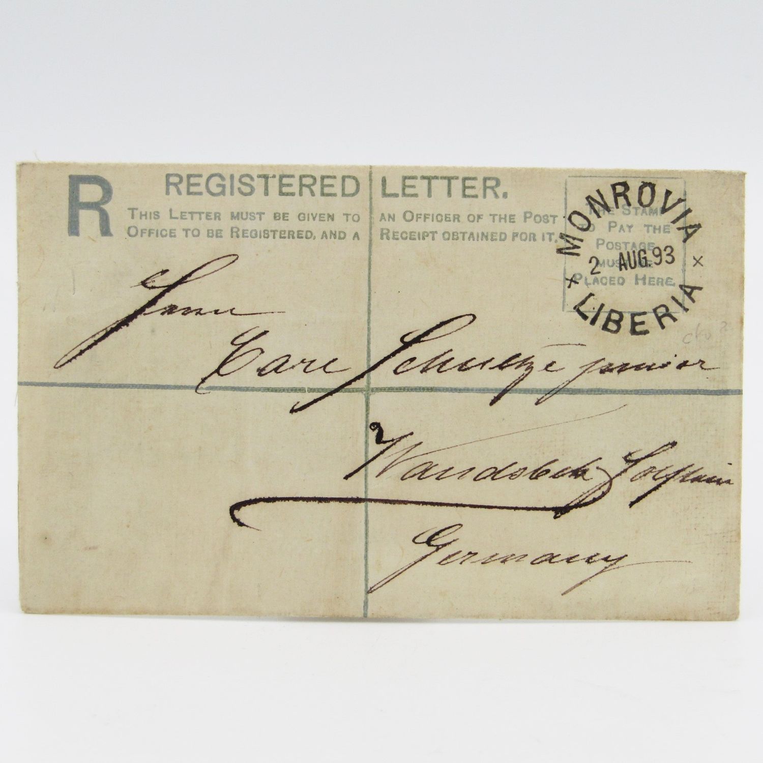 Registered letter from Monrovia , Liberia with 10 cents registration printing on the back - Posted 2 August 1893 to Germany