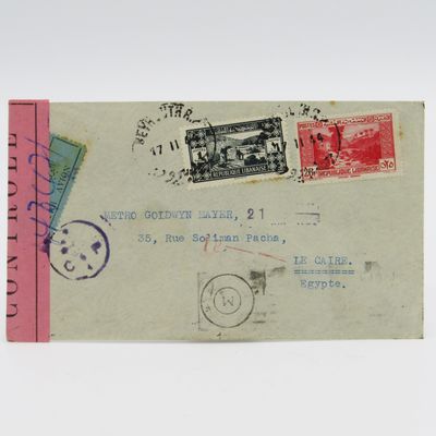 Lebanon censored cover posted 1944 with 2 Lebanese stamps posted to Cairo, Egypt on Metro Goldwyn Mayer Stationery - Airmail tag and censor strip