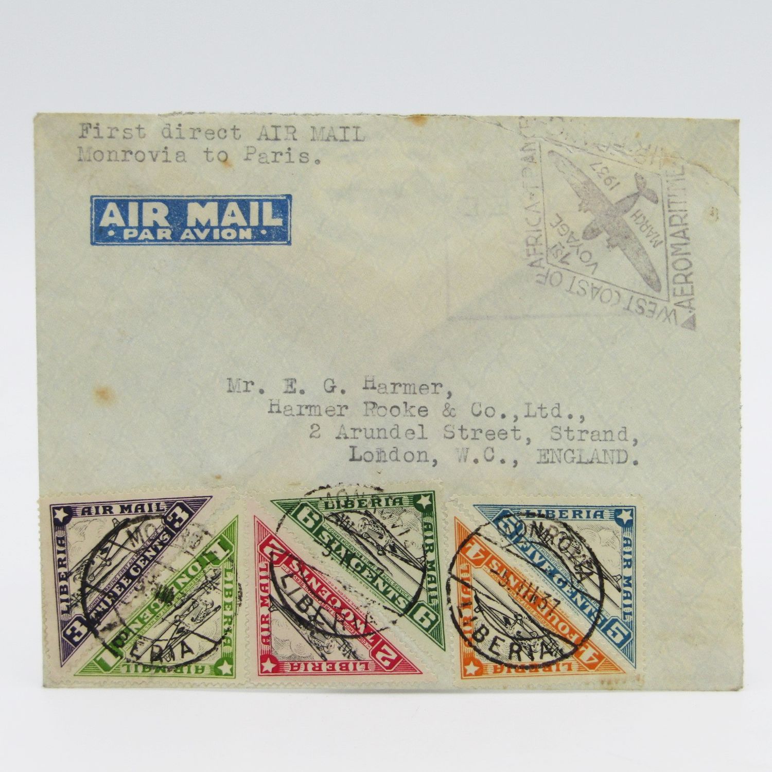 Airmail cover - first direct airmail Monrovia Liberia to Paris with 6 Liberia triangular stamps cancelled 1937 with pre printed airmail tag and 1st Voyage rubber stamp