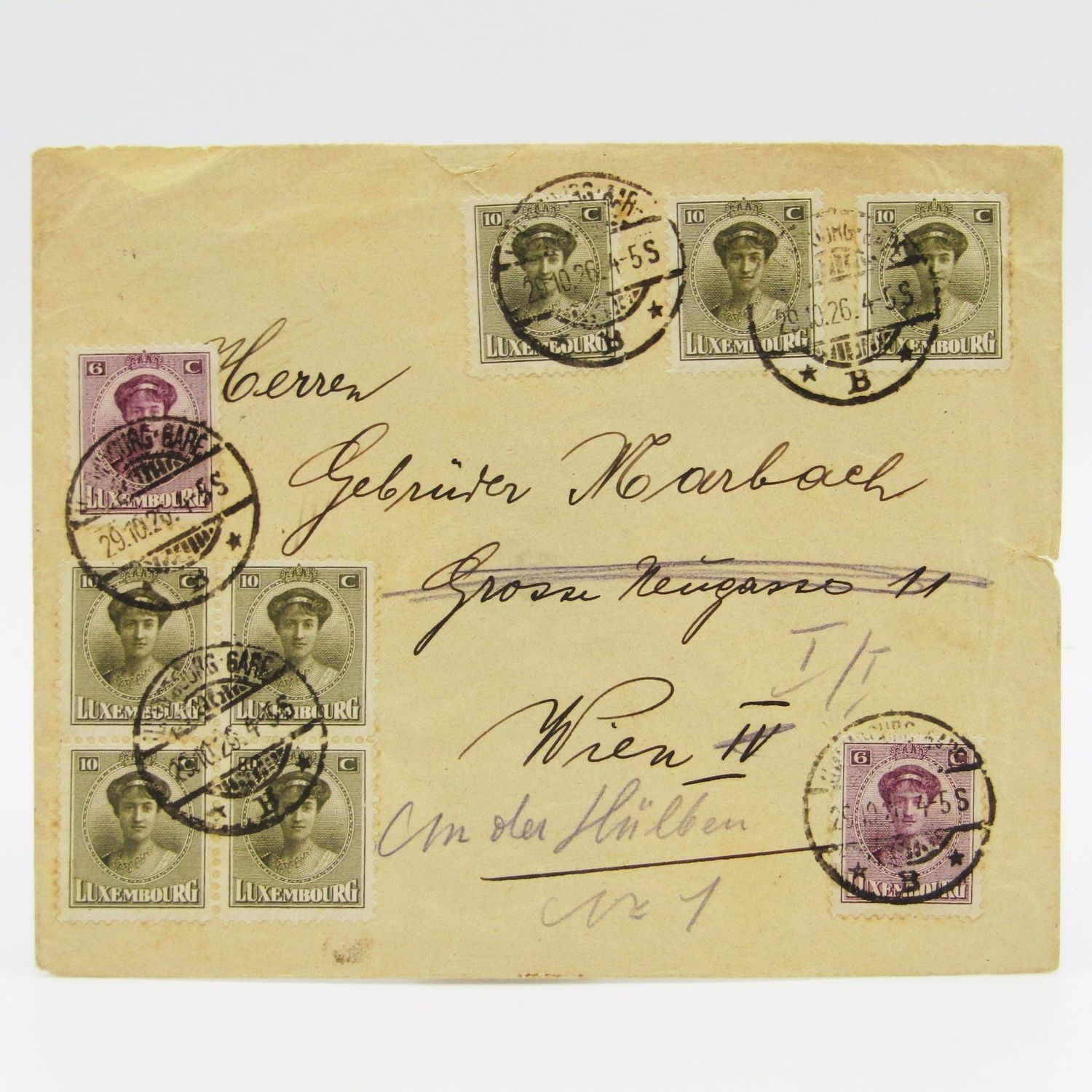 Luxembourg to Vienna cover with 9 Luxembourg stamps onfront cancelled 29 October 1926 and 7 Luxembourg stamps at the back - redirected
