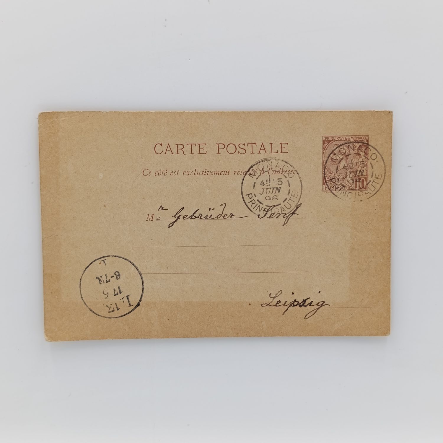 1896 Postcard sent from Monaco to Leipzig, Germany with pre printed postage stamp