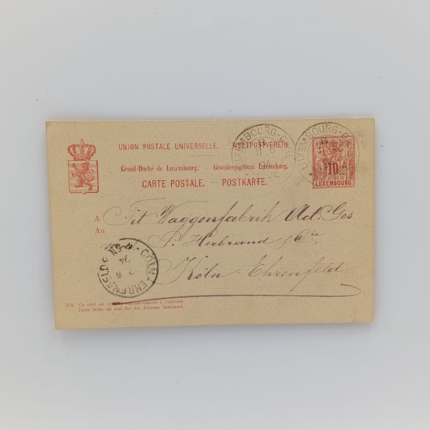 1894 Postcard sent from Luxemburg to Koln, Germany ( Ehrenfeld ) with pre printed 10 Pfennig Luxemburg stamp