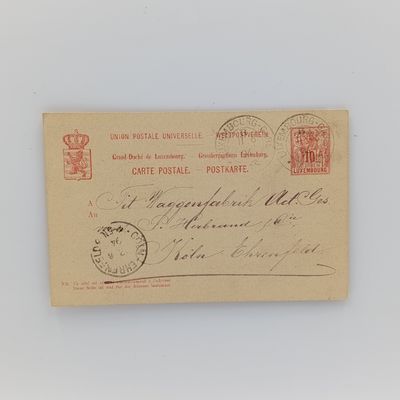 1894 Postcard sent from Luxemburg to Koln, Germany ( Ehrenfeld ) with pre printed 10 Pfennig Luxemburg stamp