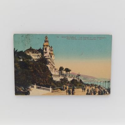 1924 Postcard sent from Monaco to Hotel Byron Lausanne, Switzerland with 45 cent overstamped stamp - with Monte Carlo casino picture