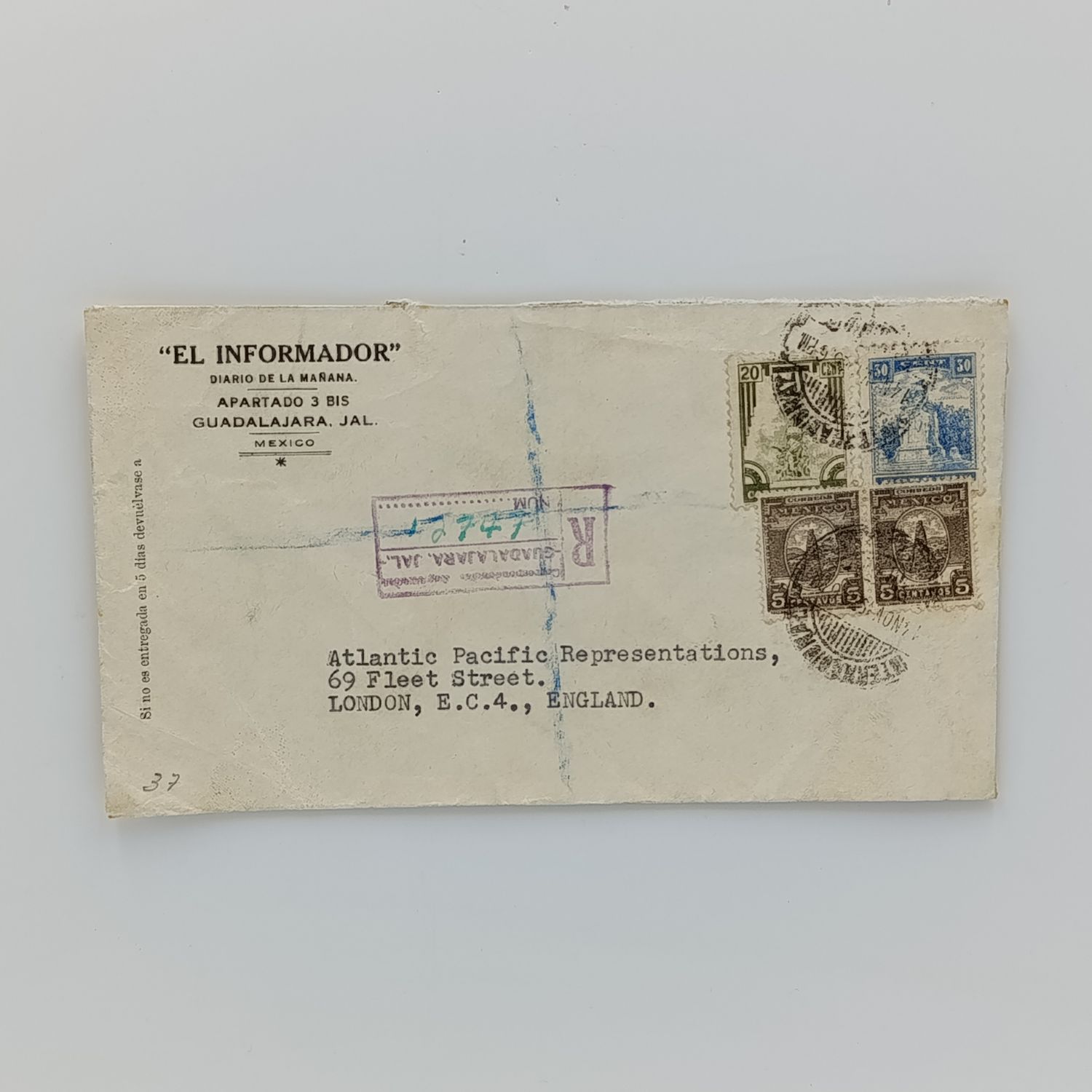 Registered cover sent from Mexico to London, England Nov 1946 with 4 Mexican stamps cancelled 14 November 1946 with 4 Mexican stamps cancelled  14 November 1946 - Registered correspondence seal at the
