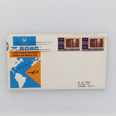 First Flight cover sent from Mexico to London 5 April 1966 on Boeing 707 - info card inside