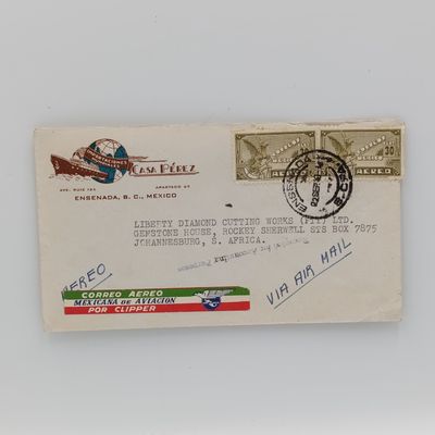 Airmail cover Mexico to South Africa Pair of Mexican 30 cent stamps cancelled 22 September - Casa Perez stationary