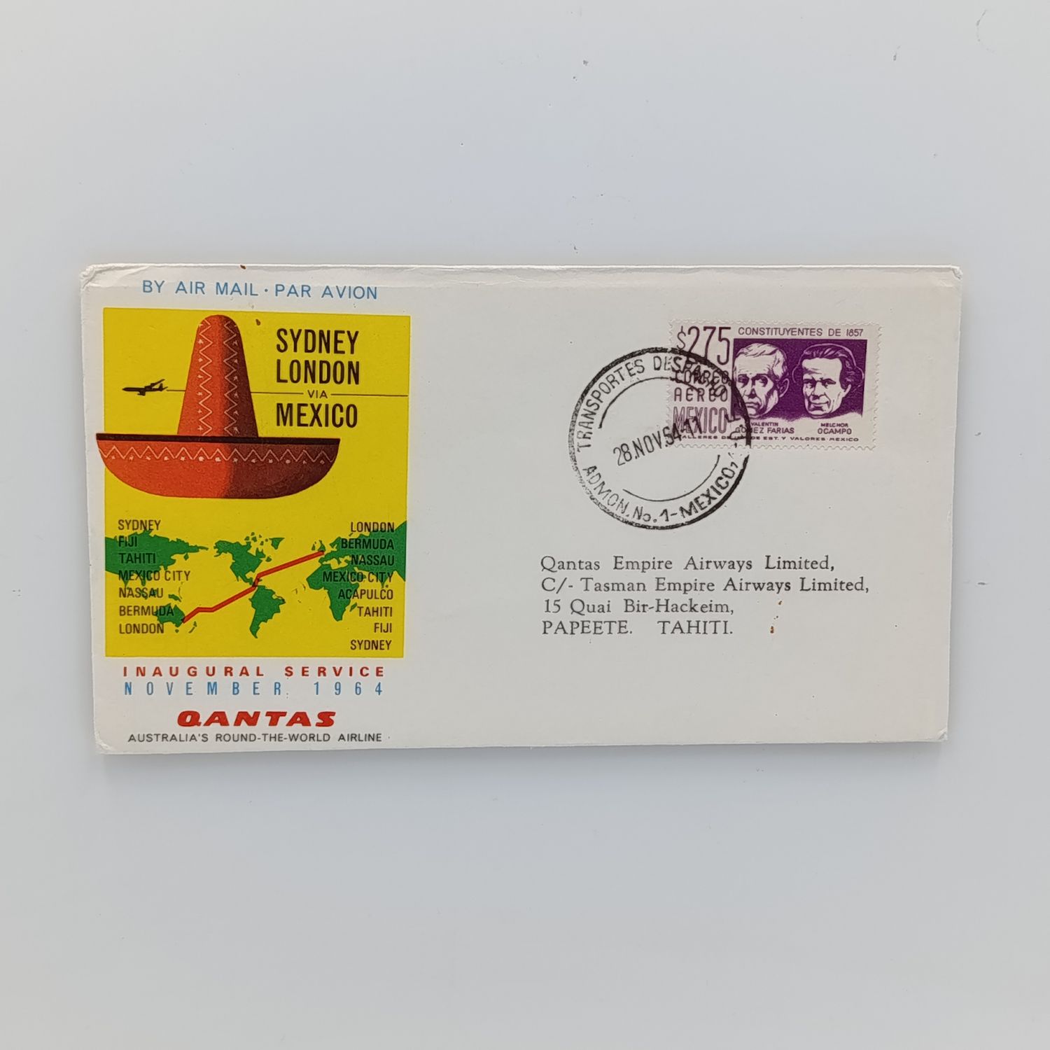 1954 airmail cover Inaugural service Sydney to London via Mexico with 2/75 escudo stamp