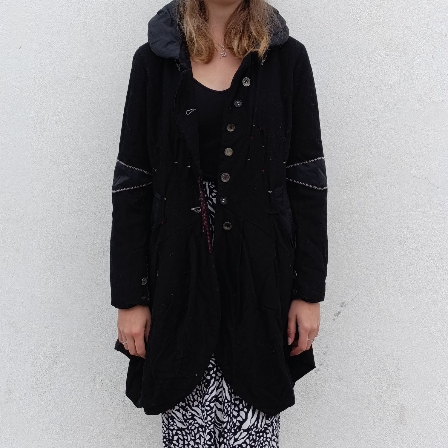 Black puffed jacket beautiful stitching with different colours size: Small lined - full length 79cm, armpit to armpit 49.5cm, 43.5cm