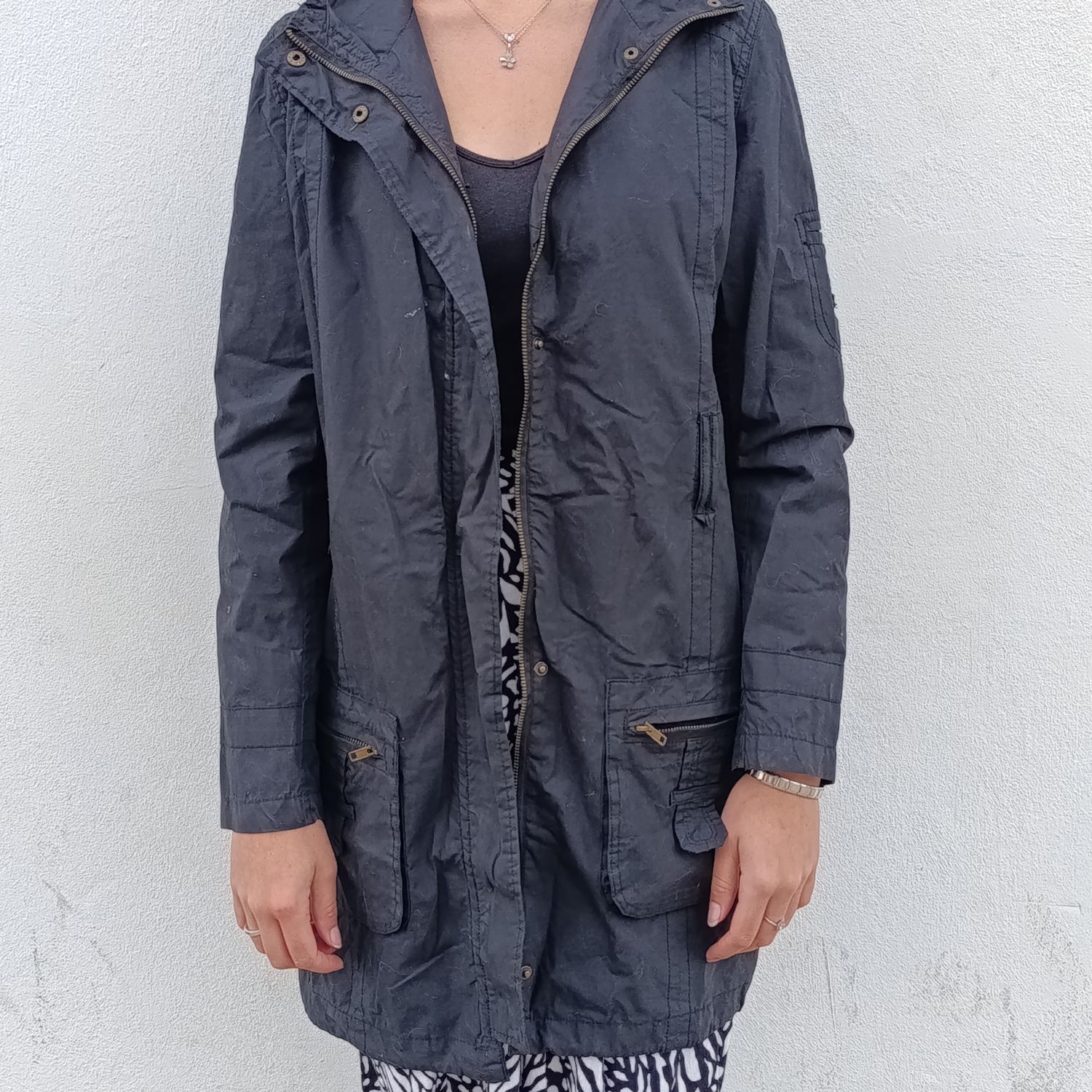 Real black jacket size 8 100% cotton lined - full back length 91cm, armpit to armpit 49cm, armpit to cuff 45.4cm