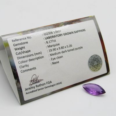 Lab grown sapphire of 8,177 carat - identical to a natural sapphire - Medium dark toned purple at a fraction of the price - with Gemlab certificate