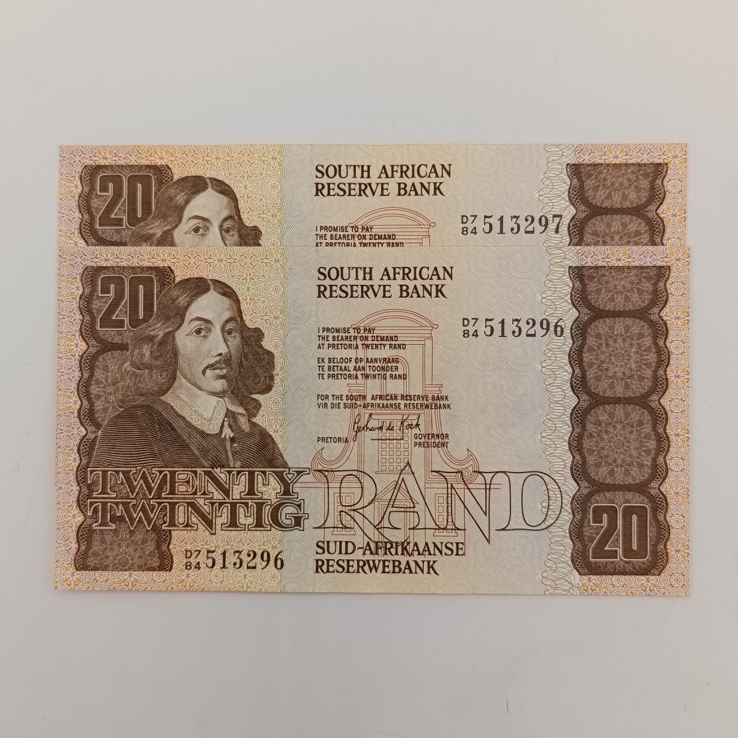 Lot of 2 GPC de Kock R20 banknotes with consecutive numbers